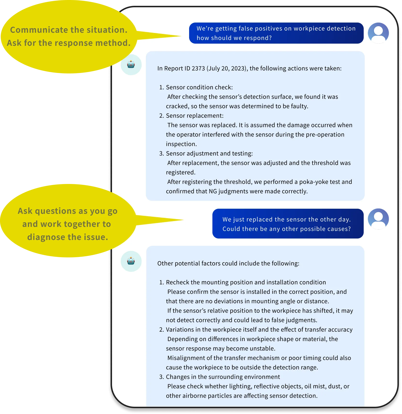 Fixey AI repair guidance — workpiece detection troubleshooting with interactive diagnosis