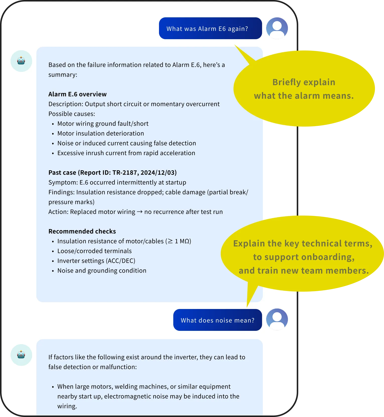 Fixey AI alarm diagnostics — Alarm E.6 analysis with past cases and recommended checks