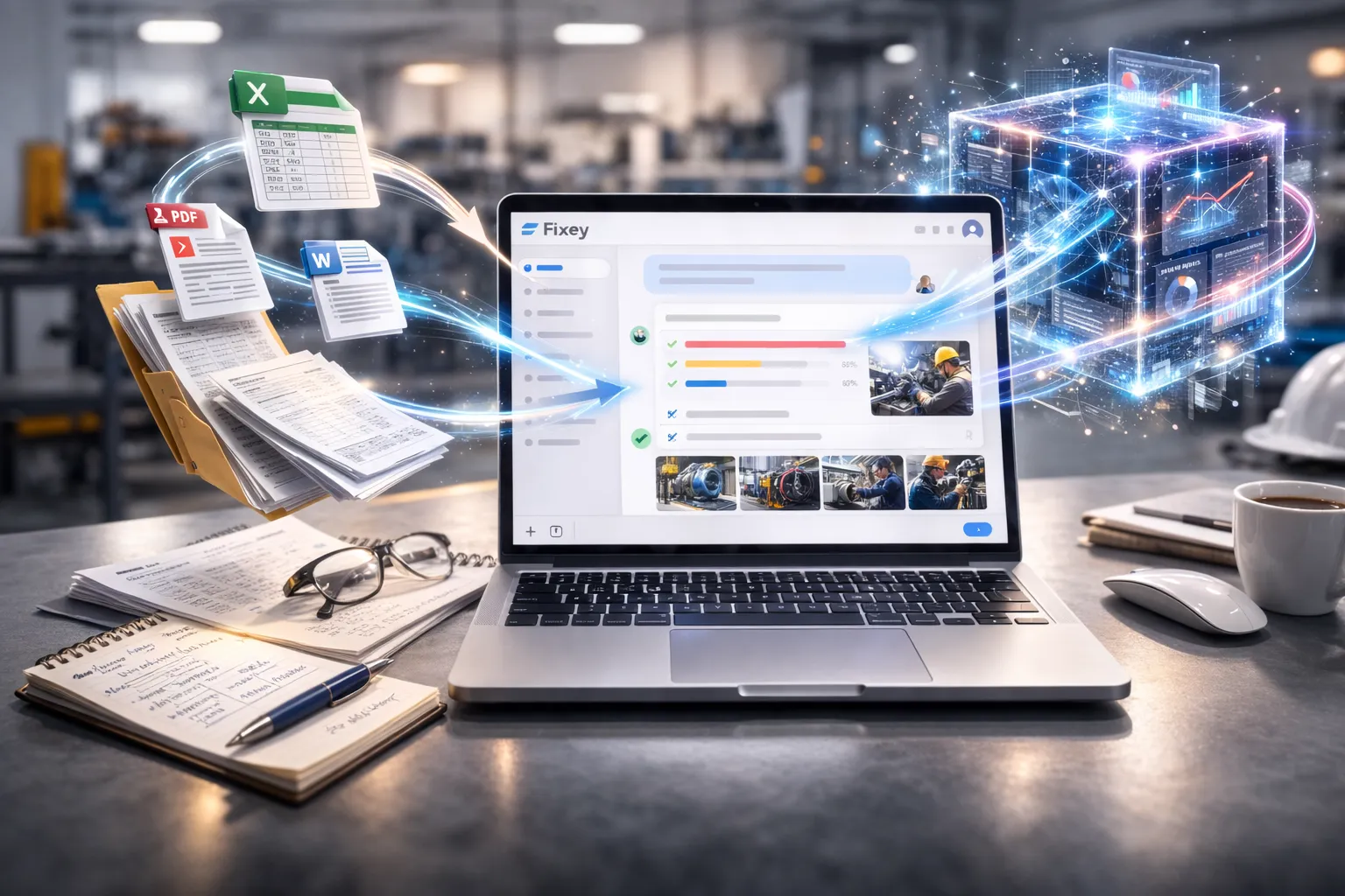Fixey AI troubleshooting — maintenance data from Excel, PDF and Word documents flowing into AI analysis